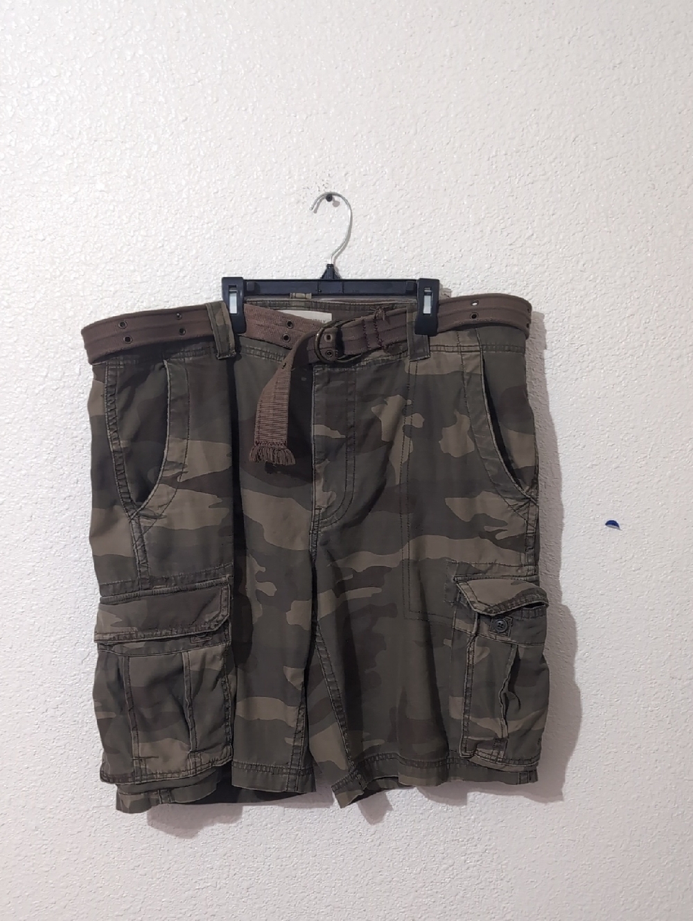 Men's Camo Cargo Shorts with Brown Belt - Olive Camo